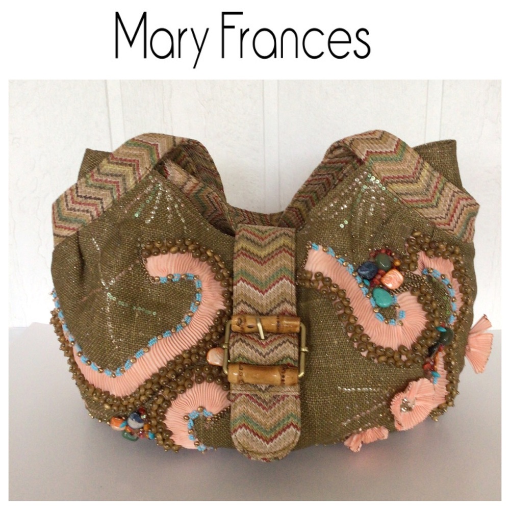 MARY FRANCES LINEN BEADED HOBO HANDBAG LIKE NEW!